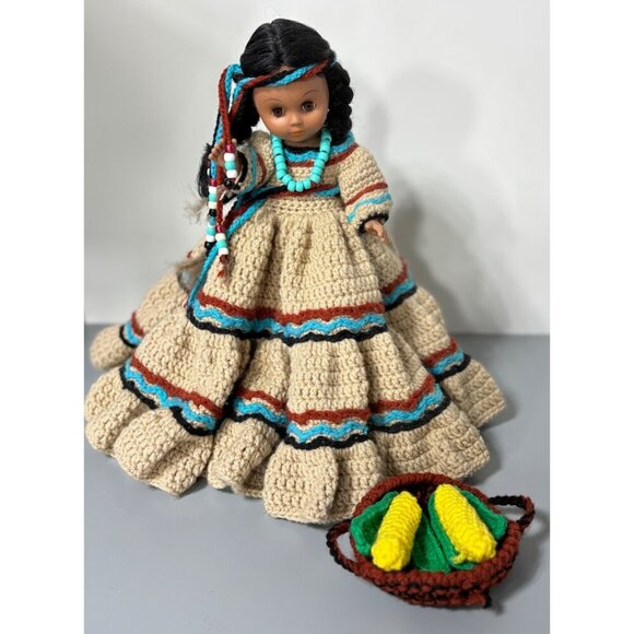 Vtg Handmade Crochet Native American Style Doll Basket Of Corn - Picture 1 of 10